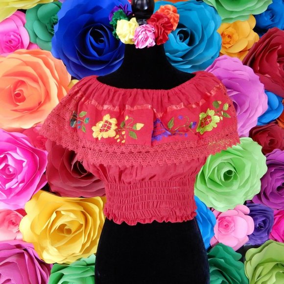 Mexican Crop top Embroidered Puebla Peasant Day of - Picture 1 of 4
